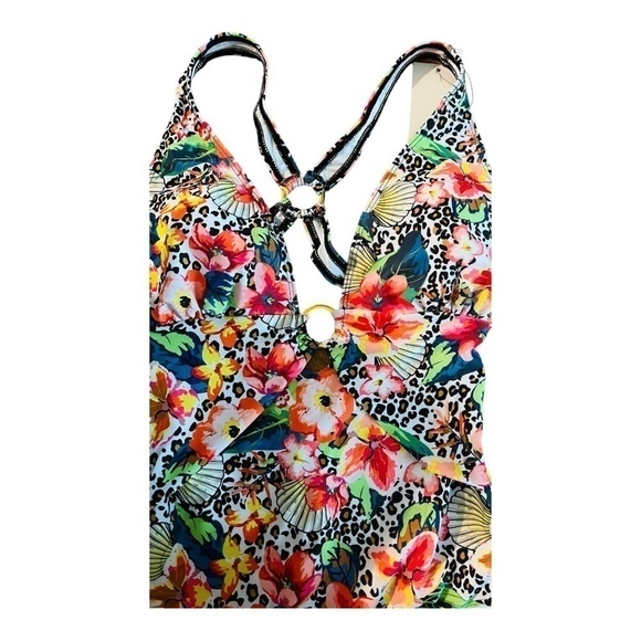 Liora Floral Print Deep V Neck Ring Front and Back One Piece Swimsuit NWT - Picture 4 of 6
